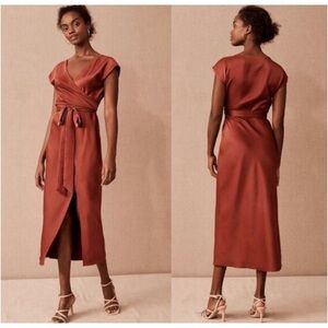 BHLDN Louisa satin charmeuse wrap midi dress with flaw. Read NWT size 6